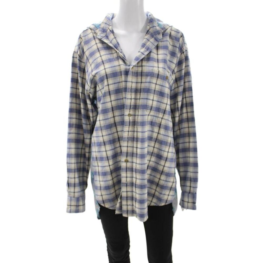 Furst of a Kind Women Tunic Button-Up Blue Plaid Cotton Long-Sleeve Size M